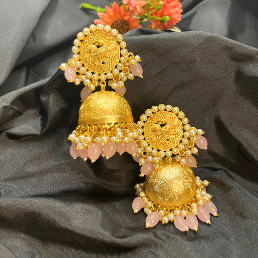 Gold-Plated Pink Kundan & Beaded Jhumkas Earrings
