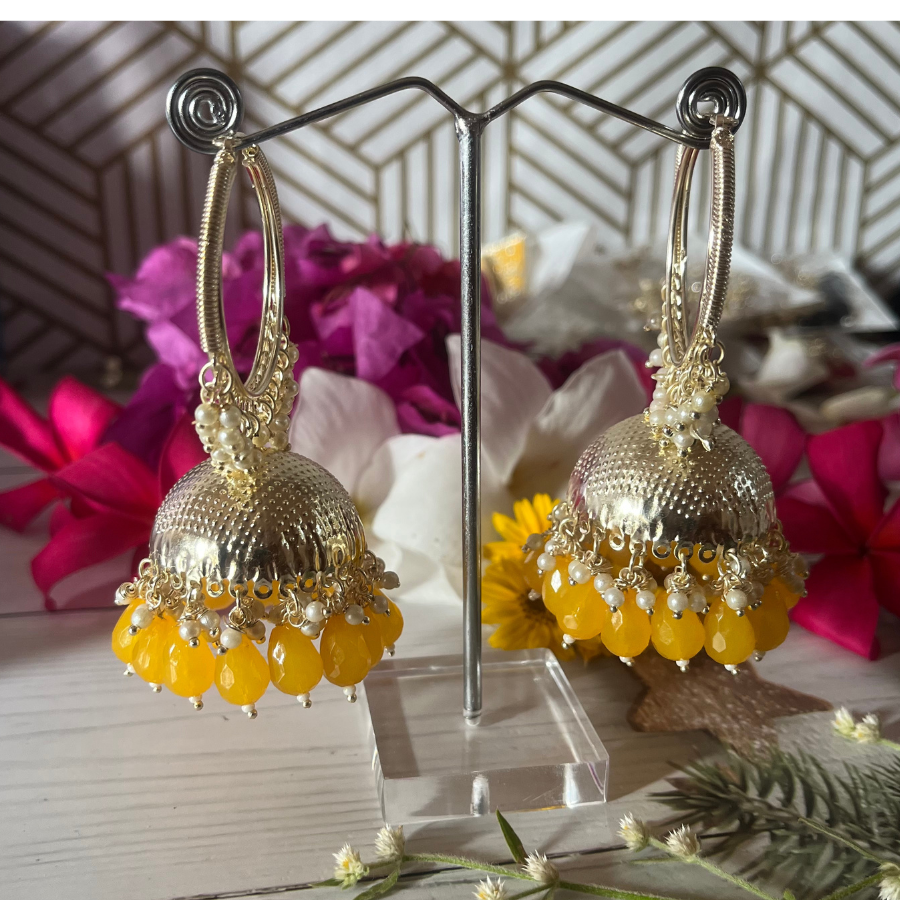 Yellow Kundan Pearl Hoop Earrings
