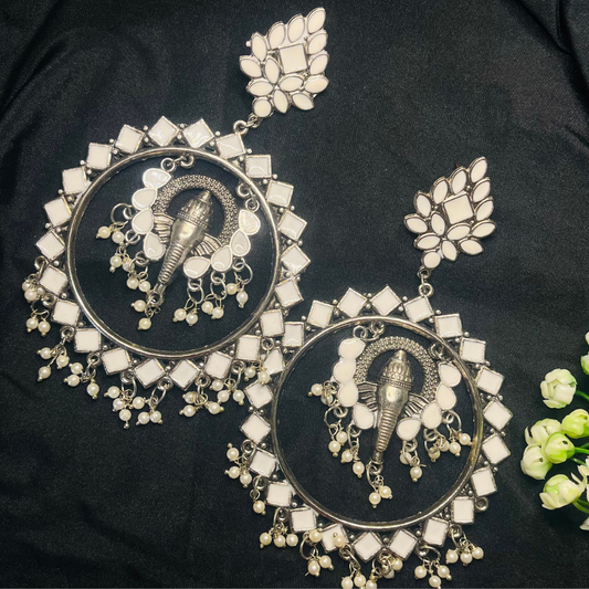 Silver Oxidized White Temple Dangler Hoop Earrings