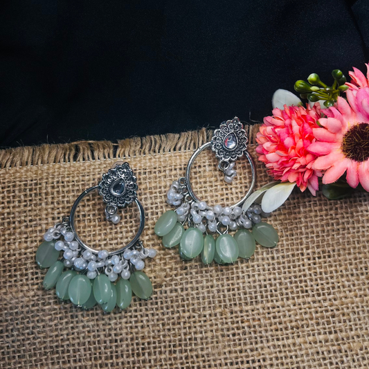 Oxidised Silver Platted Mint Stones Ethnic Earrings