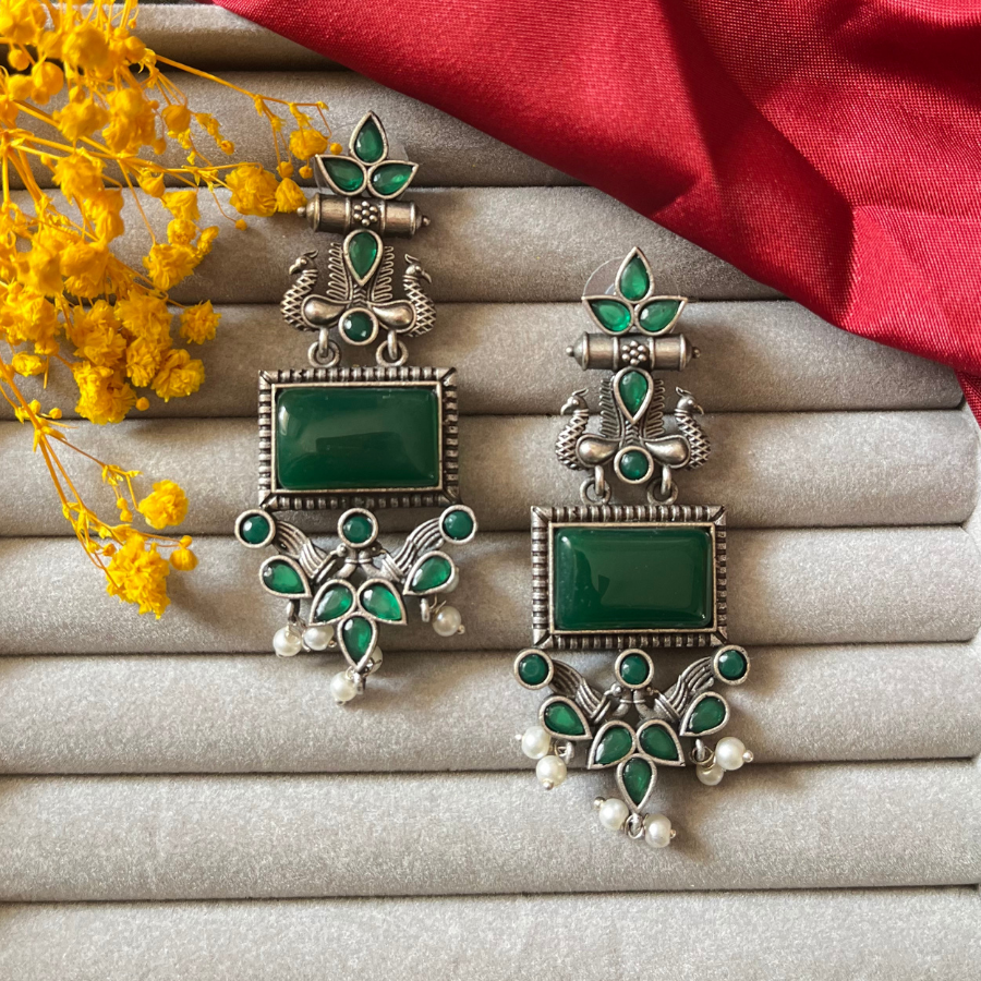Peacock Silver Oxidised Earring