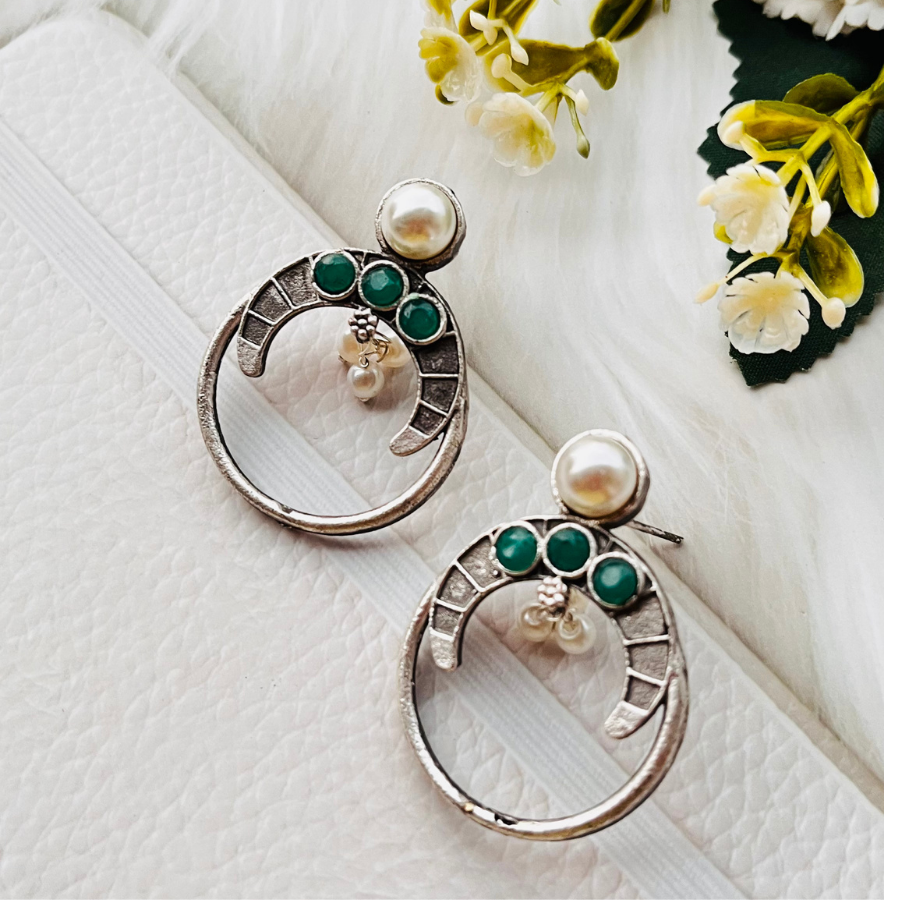 Oxidised Silver Plated Green Stone Pearl Stud Earrings
