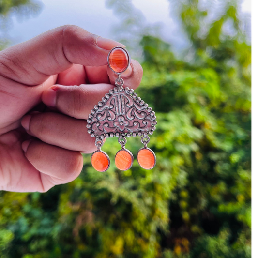 Orange German Silver Monalisa Stone Studs Earrings