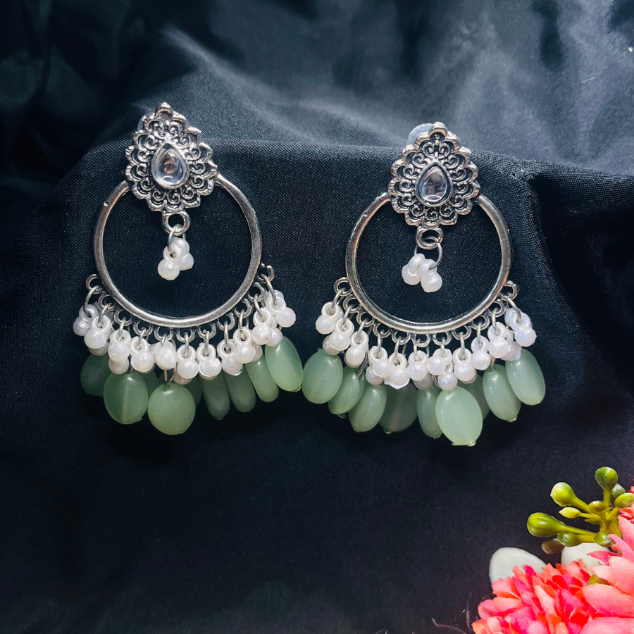 Oxidised Silver Platted Mint Stones Ethnic Earrings