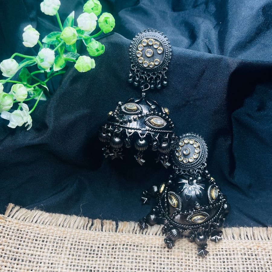 Dual Toned Black Metal Dome Shaped Jhumkas Earrings