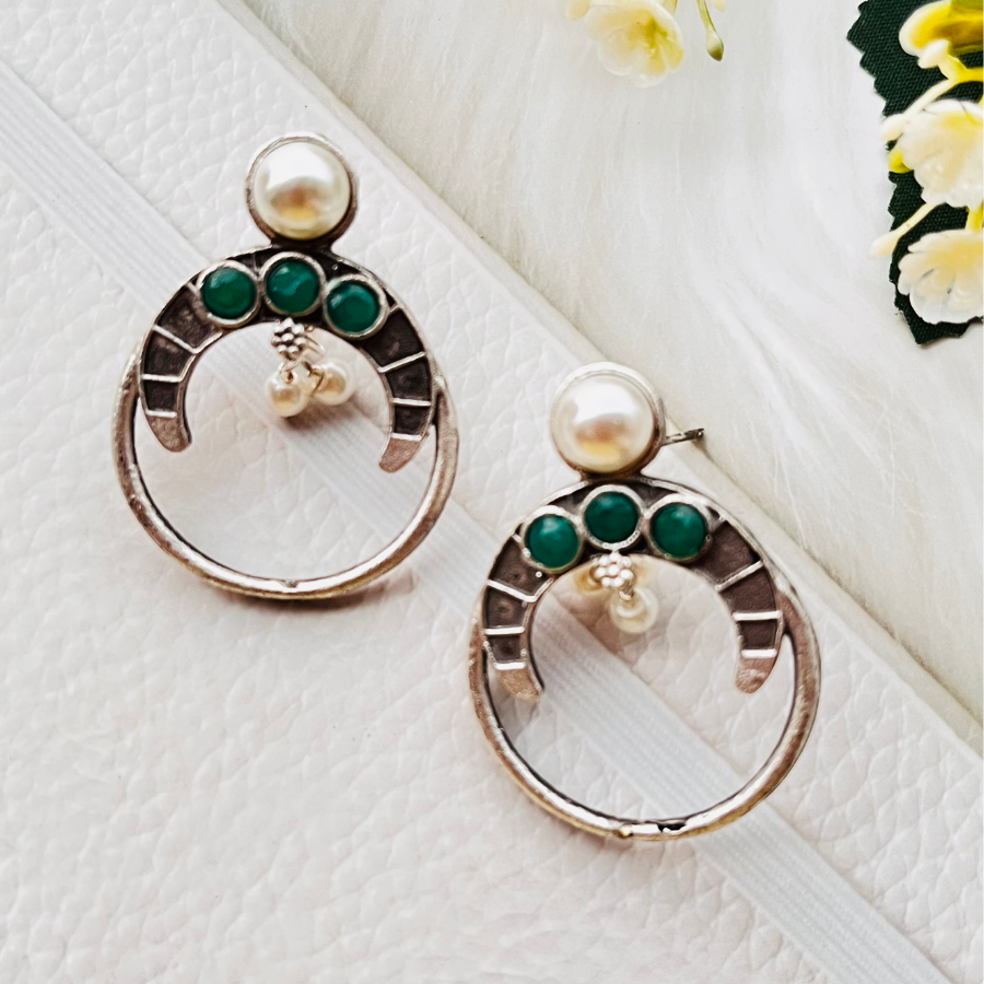 Oxidised Silver Plated Green Stone Pearl Stud Earrings
