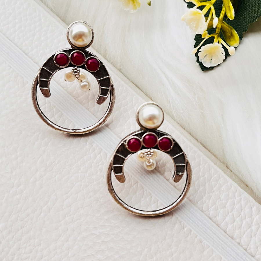 Oxidised Silver Plated Pink Stone Pearl Stud Earrings