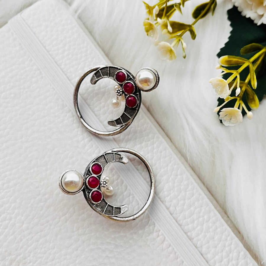 Oxidised Silver Plated Pink Stone Pearl Stud Earrings