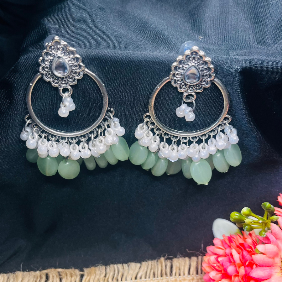Oxidised Silver Platted Mint Stones Ethnic Earrings