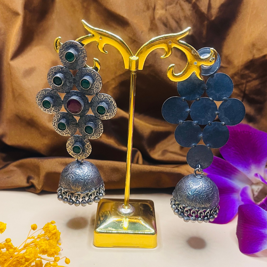 Green Color Oxidised Jhumkas Earrings