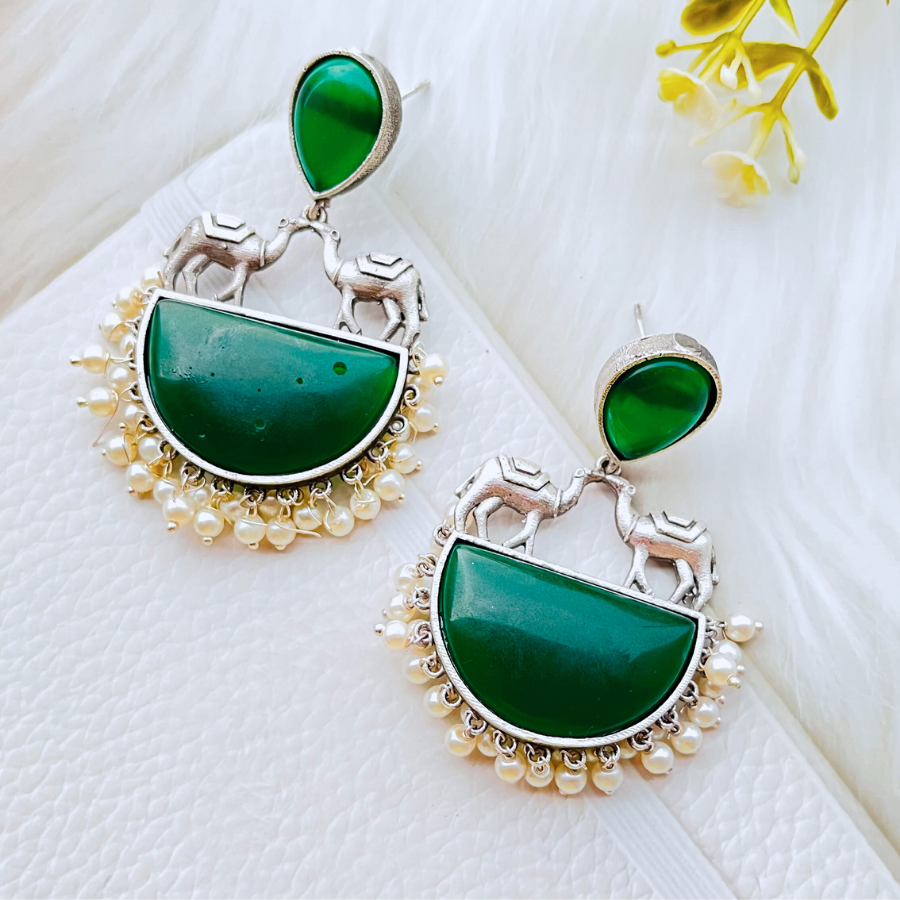 Camel Monalisa Stone Artwork Drop Earrings