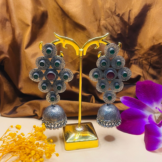 Green Color Oxidised Jhumkas Earrings