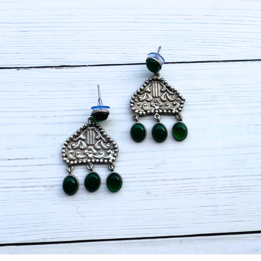 Green German Silver Monalisa Stone Studs Earrings