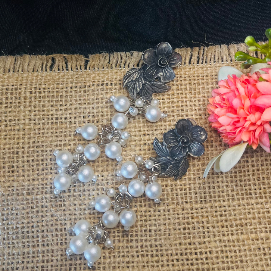Oxidised Silver Floral Pearl Dangler Earrings