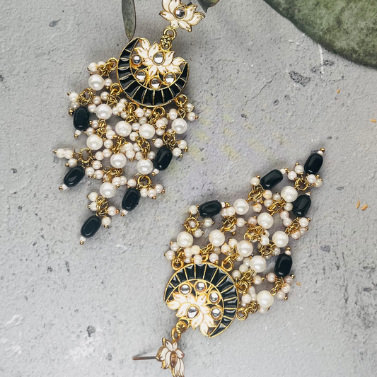 Gold-Plated Black Kundan Drop Earrings