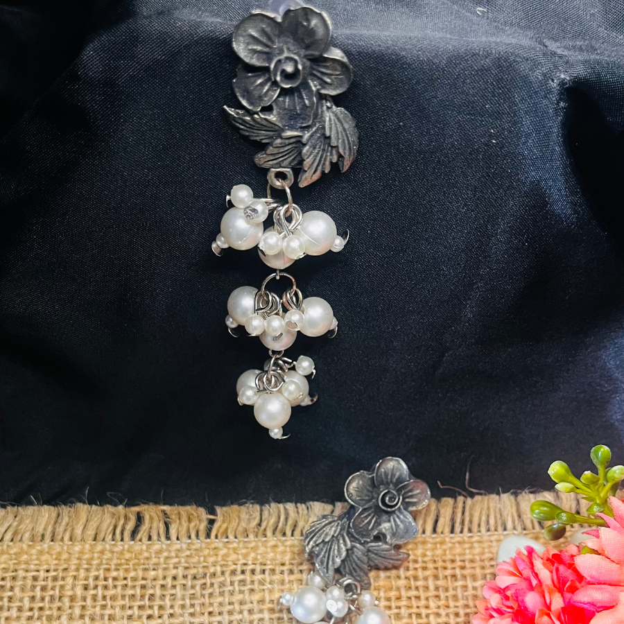 Oxidised Silver Floral Pearl Dangler Earrings