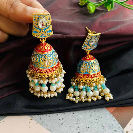 Gold Platted Sky Blue Dome Shaped Kundan Jhumkas