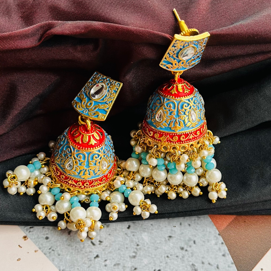 Gold Platted Sky Blue Dome Shaped Kundan Jhumkas
