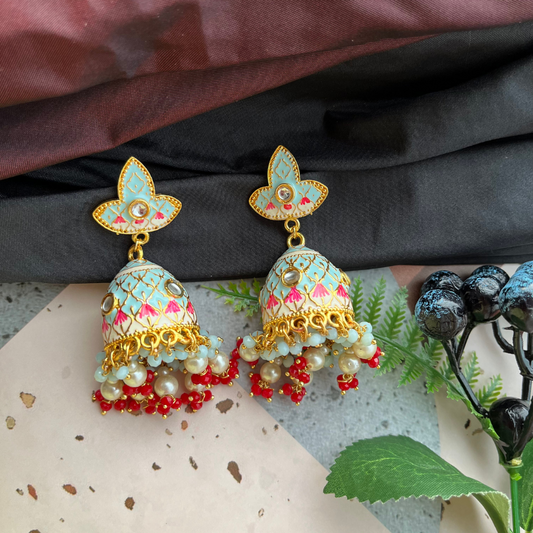 Gold Platted Light Blue Dome Shaped Kundan Jhumkas