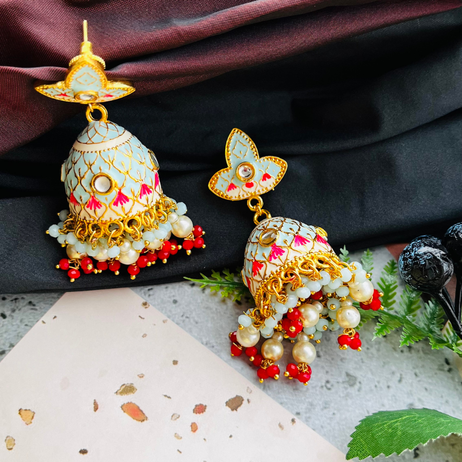 Gold Platted Light Blue Dome Shaped Kundan Jhumkas