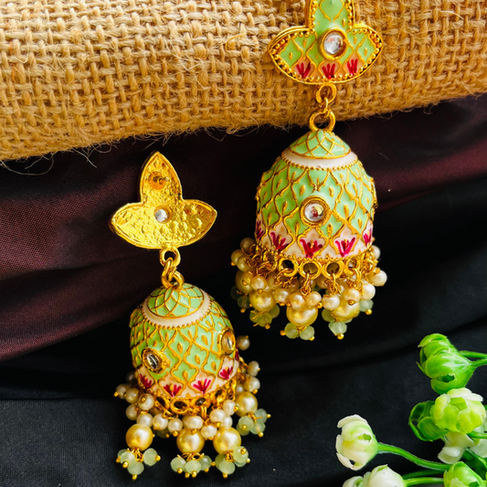 Gold Platted Mint Dome Shaped Kundan Jhumkas