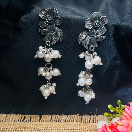 Oxidised Silver Floral Pearl Dangler Earrings