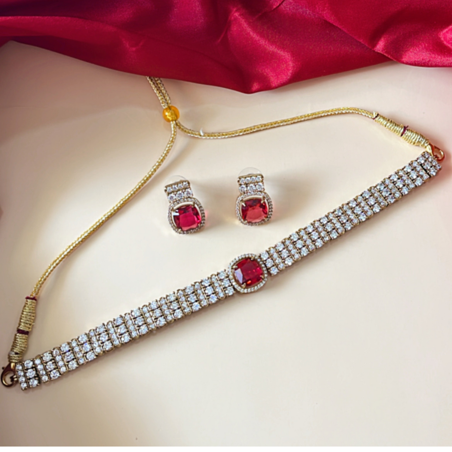 Zircon Red Stone Choker Necklace Set