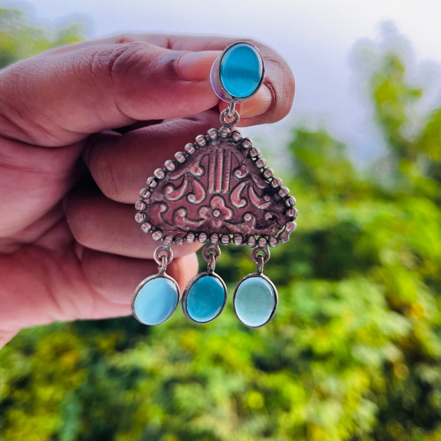 Turquoise Blue Silver Monalisa Stone Studs Earrings