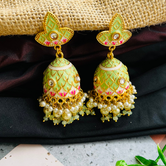 Gold Platted Mint Dome Shaped Kundan Jhumkas
