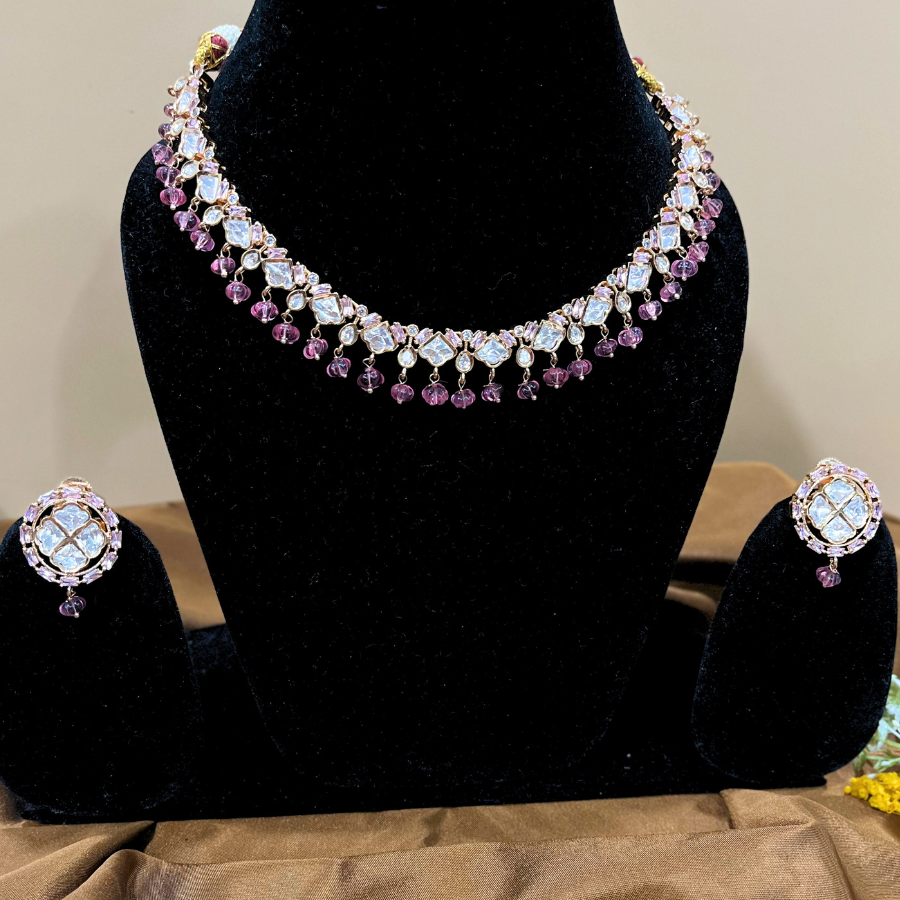 Moissanite Diamond with Pink Beads Necklace Set