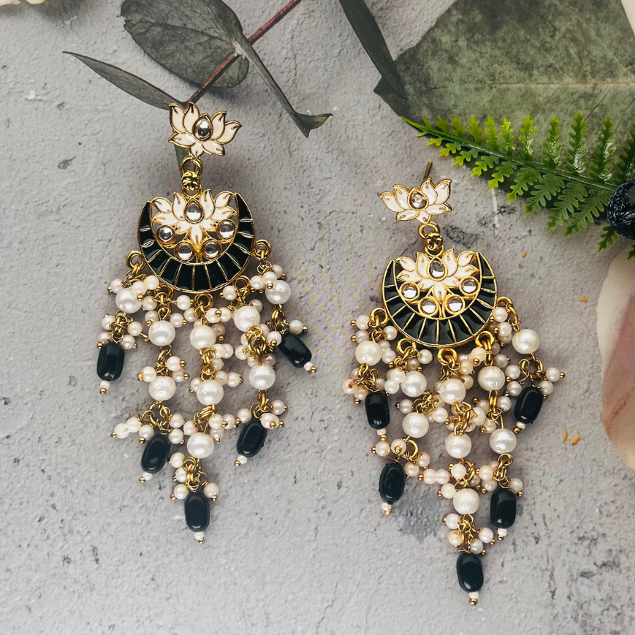 Gold-Plated Black Kundan Drop Earrings