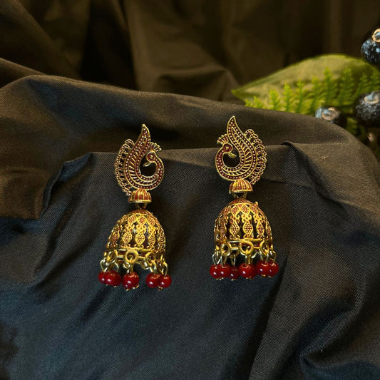 Maroon Gold-Plated Peacock Shaped Jhumka Earrings
