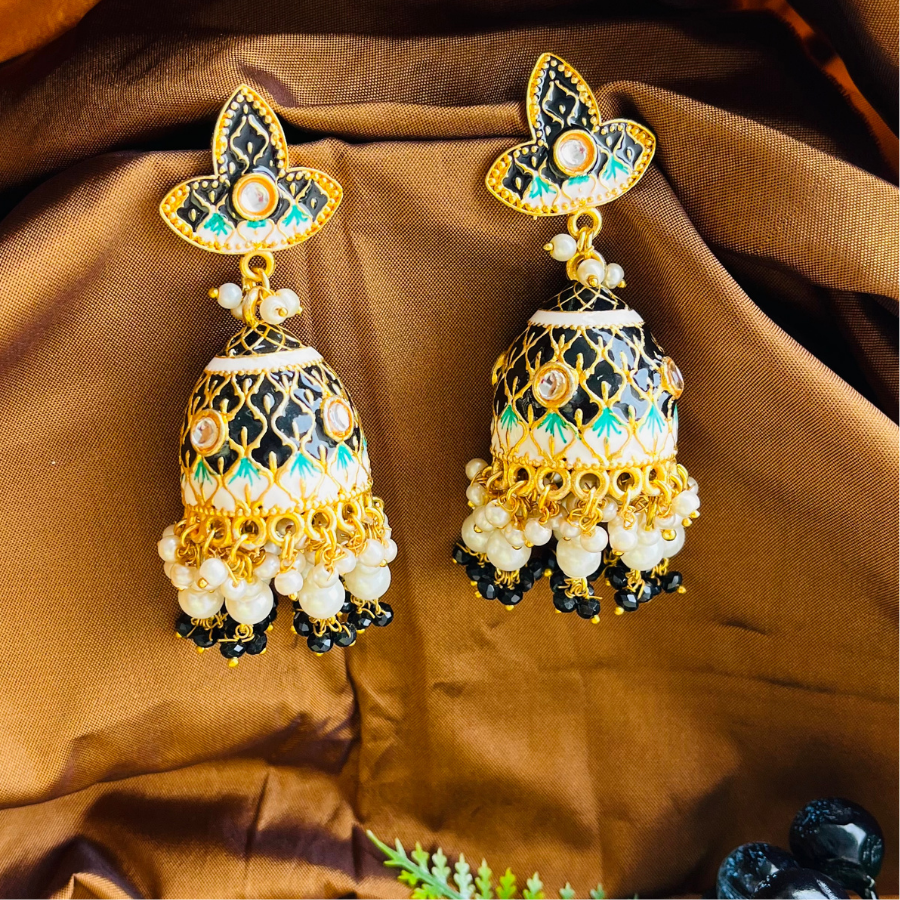 Gold Platted Black Dome Shaped Kundan Jhumkas
