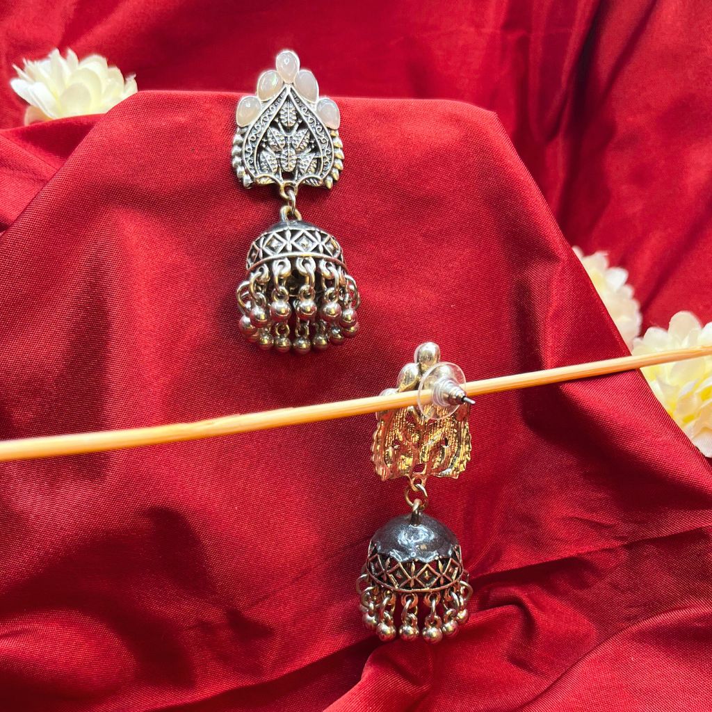 Baby Pink-Grey Silver Toned Premium Jhumka Earrings