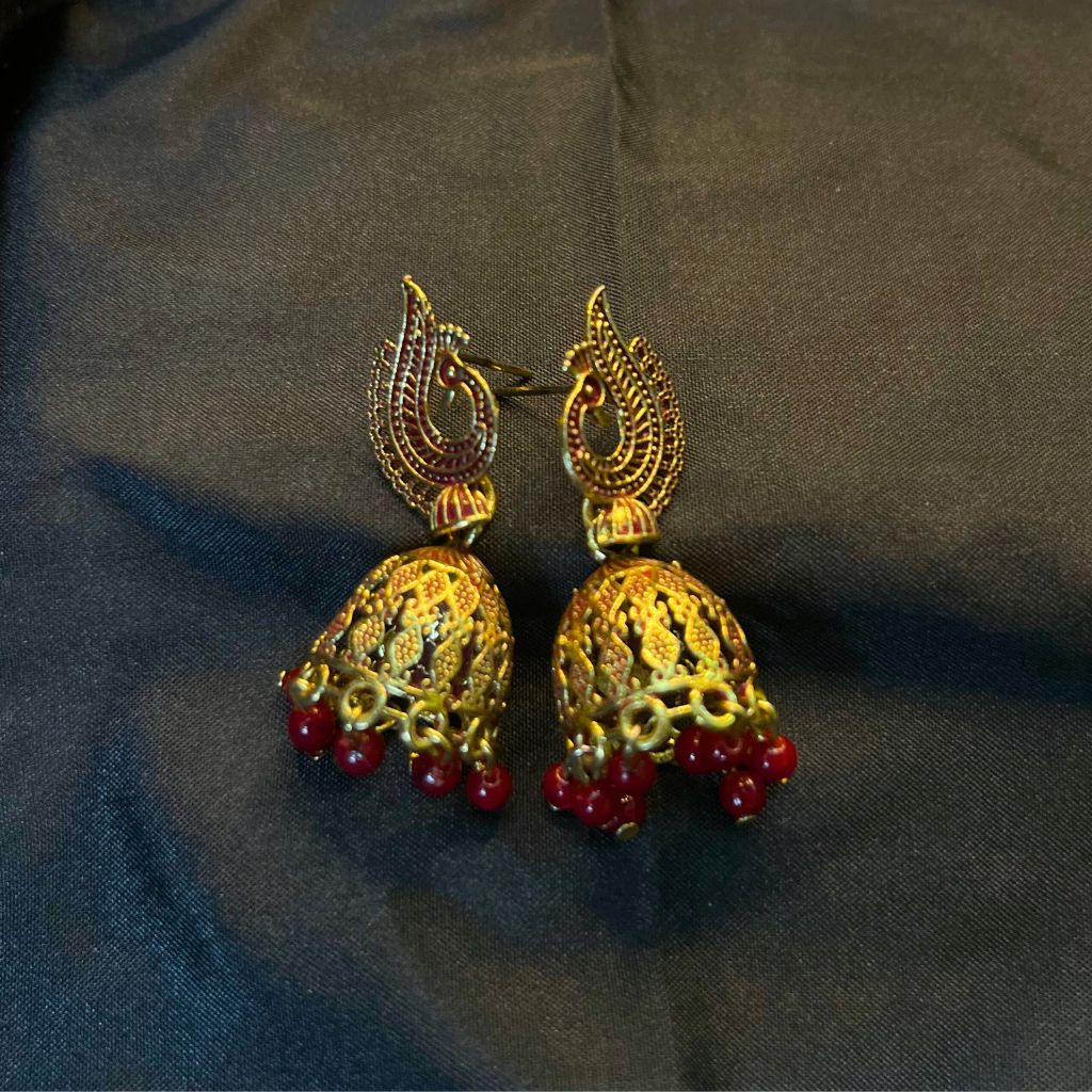 Maroon Gold-Plated Peacock Shaped Jhumka Earrings