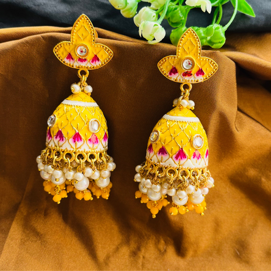 Gold Platted Yellow Dome Shaped Kundan Jhumkas