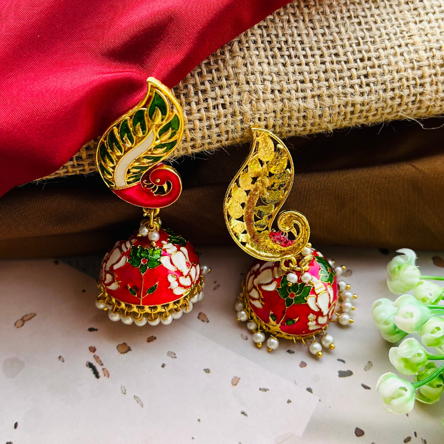 Peacock Pink and White Temple Lotus Jhumka Earrings