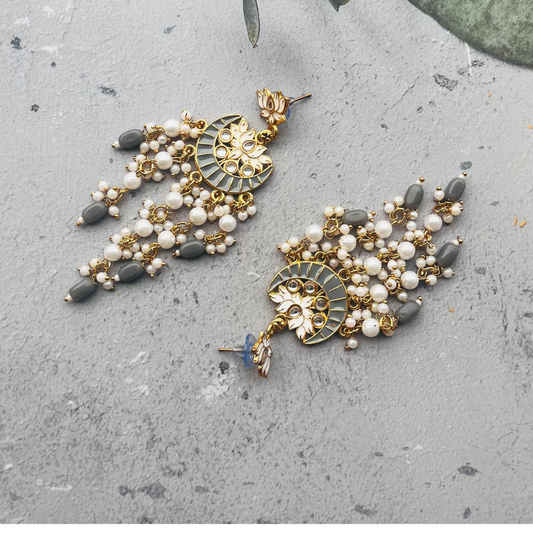 Gold-Plated Grey Kundan Drop Earrings