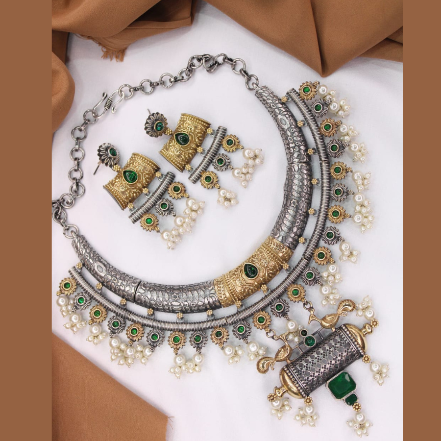 Oxidised Dual Tone Necklace Set