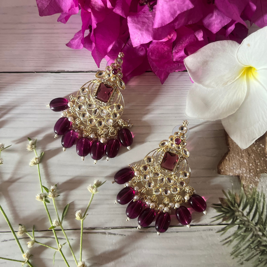 Wine Kundan Chandbali Earrings