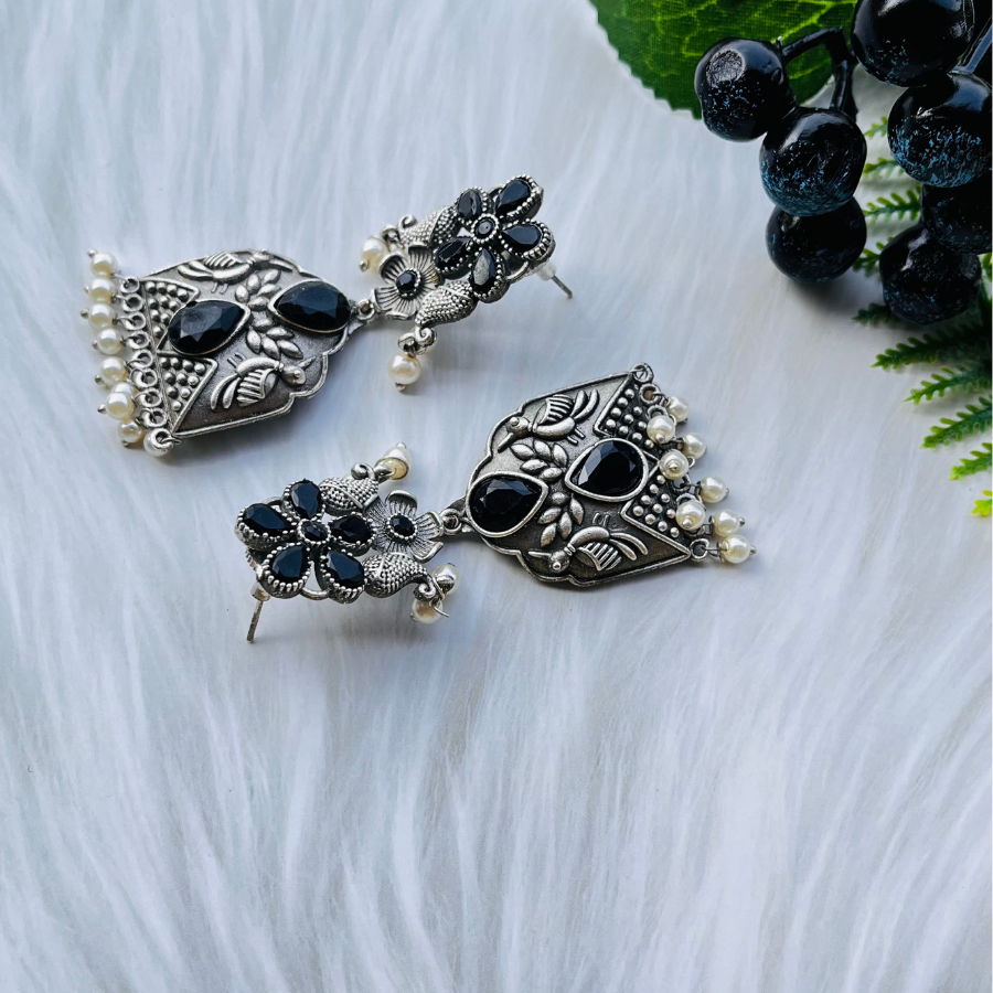 Silver-Plated Oxidised Contemporary Drop Earrings