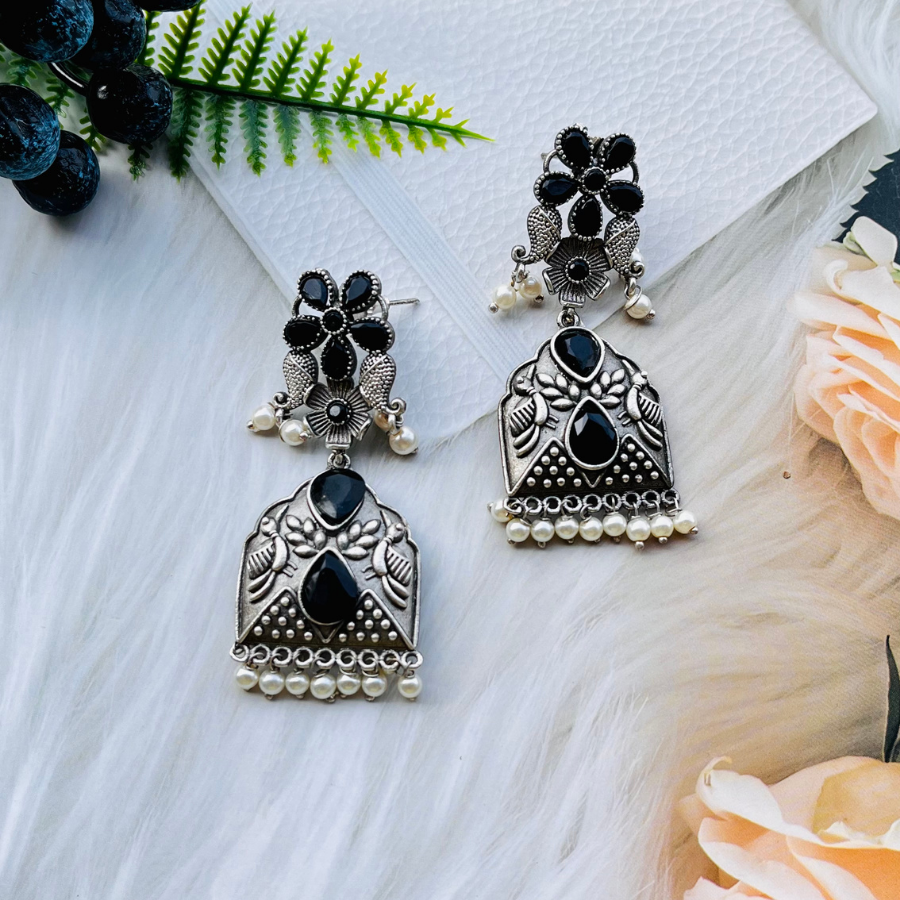 Silver-Plated Oxidised Contemporary Drop Earrings