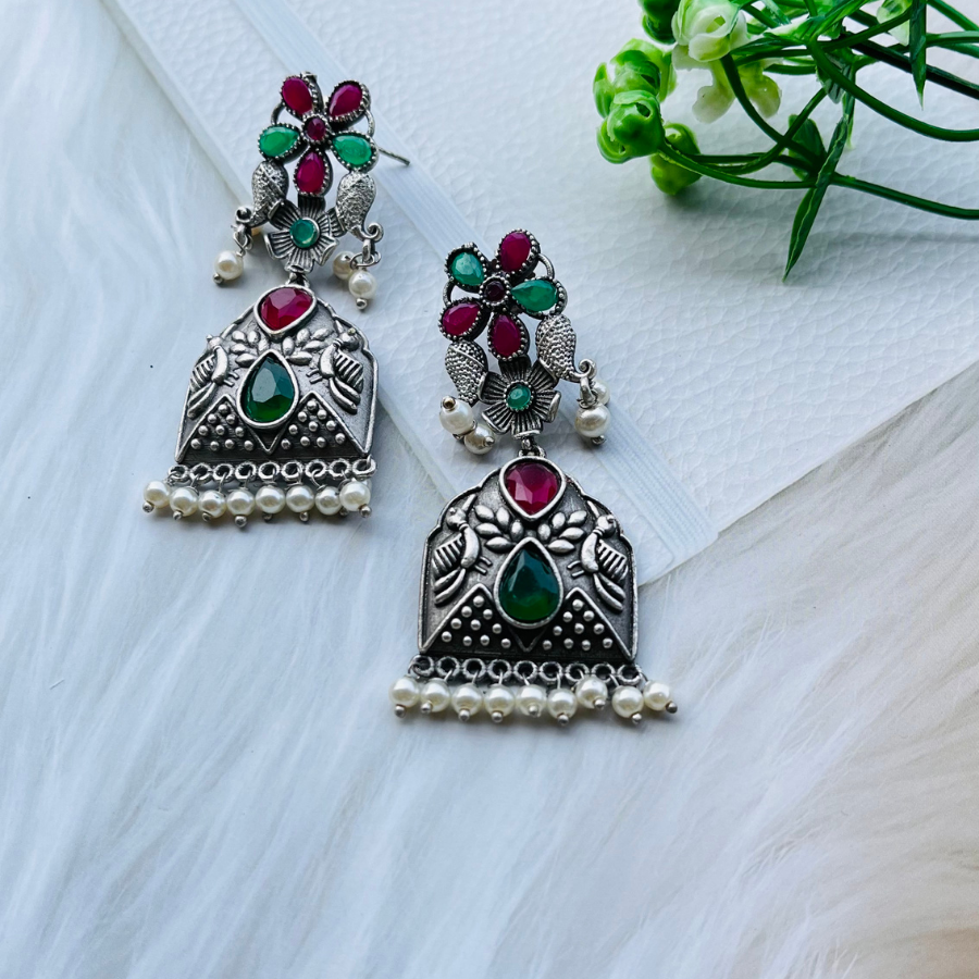 Silver-Plated Oxidised Contemporary Drop Earrings