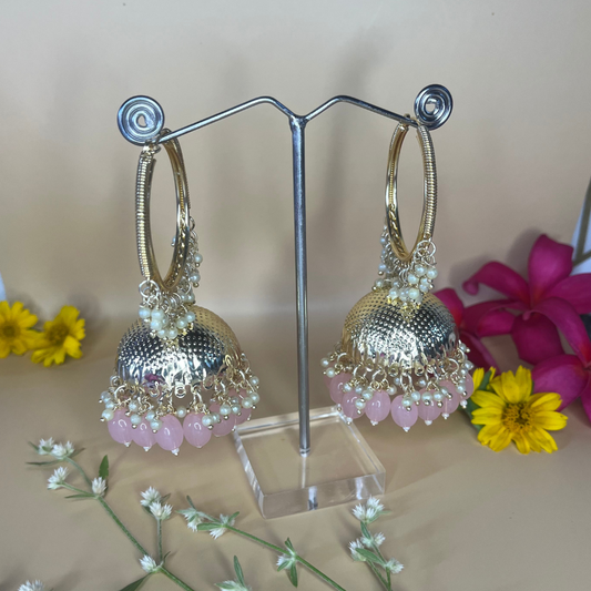 Pink Kundan Pearl Hoop Earrings