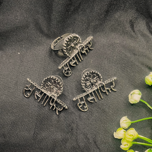 Silver-Plated Oxidised Musafir Studs Earrings with Figure Ring