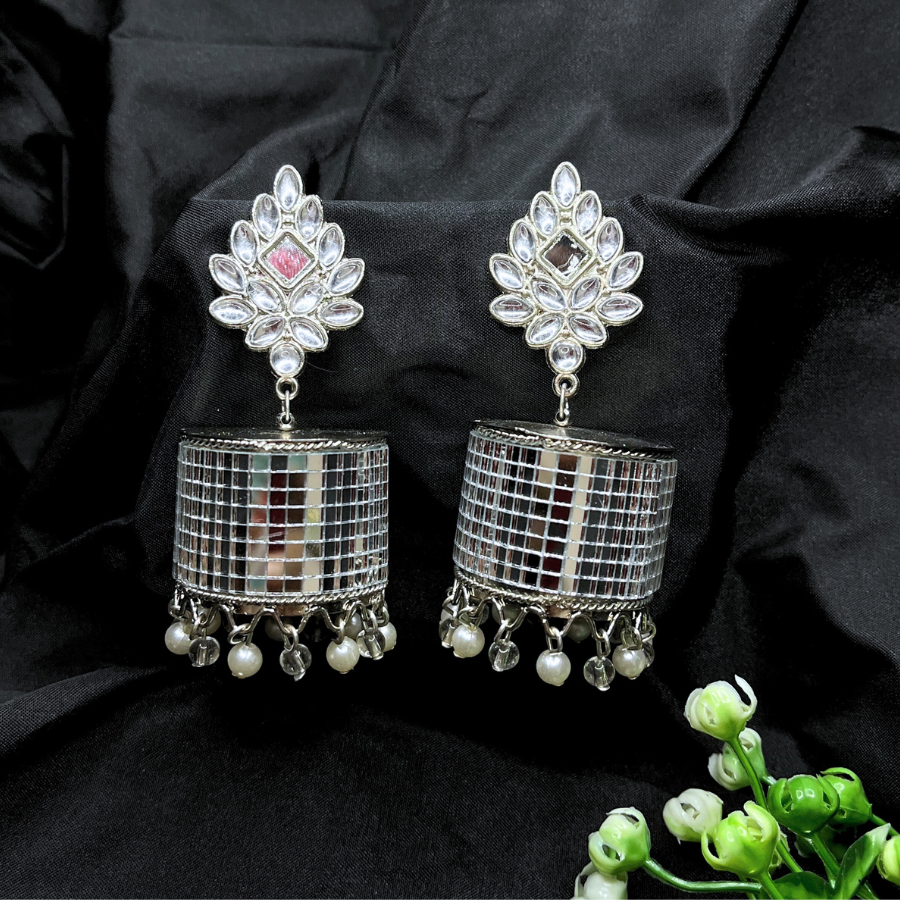 Silver-Toned Mirror Jhumki Earrings