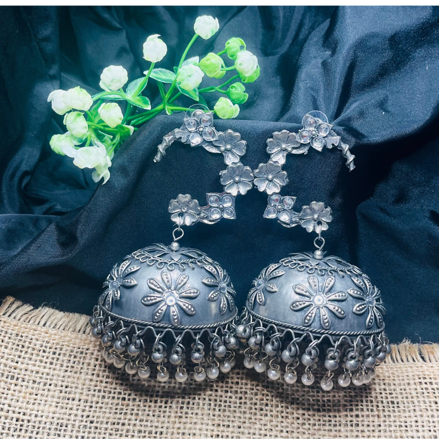 Oxidized Silver Plated Floral Dome Shaped Jhumkas