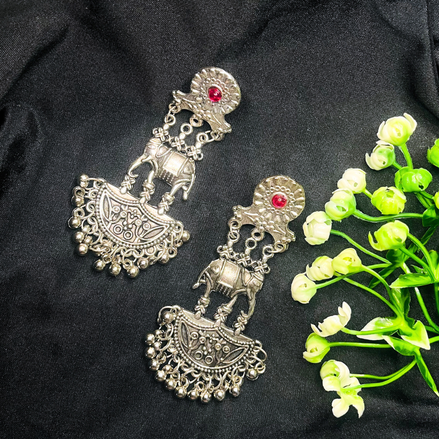 Oxidized Silver-Plated Stone-Studded Dangler Earrings