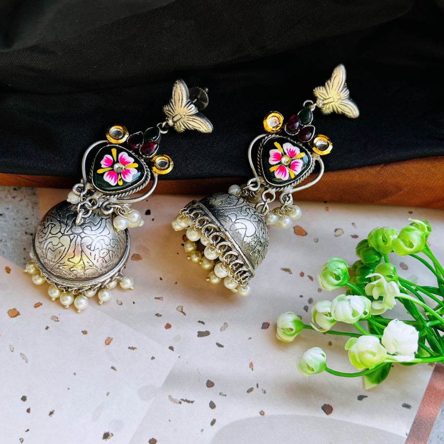 Beautiful Meenakari Silver Plated Bling Jhumki