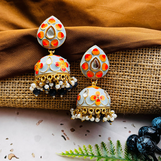 Floral Grey Orange Jhumkas Earrings